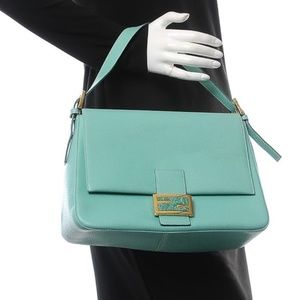 BLACK FENDI Leather Big For Ever Mamma Baguette with Turquoise buckle